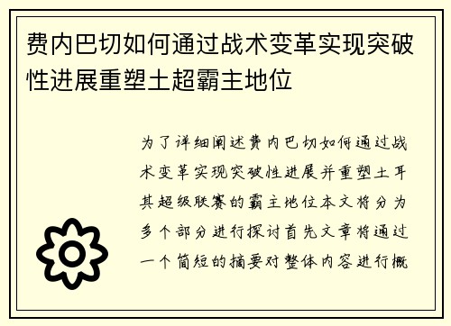 费内巴切如何通过战术变革实现突破性进展重塑土超霸主地位